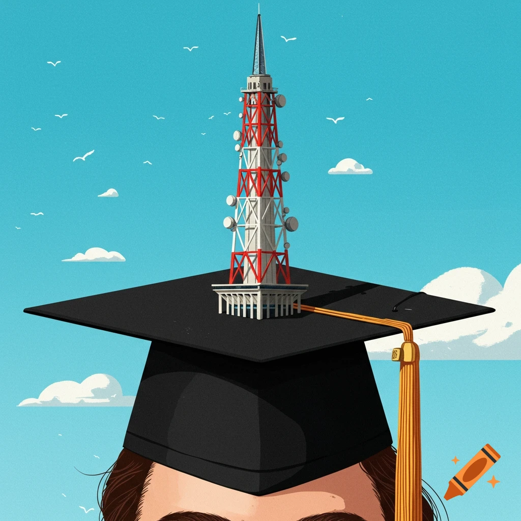 An illustration of a person wearing a black graduation cap, topped with a red and white communication tower, against a blue sky.