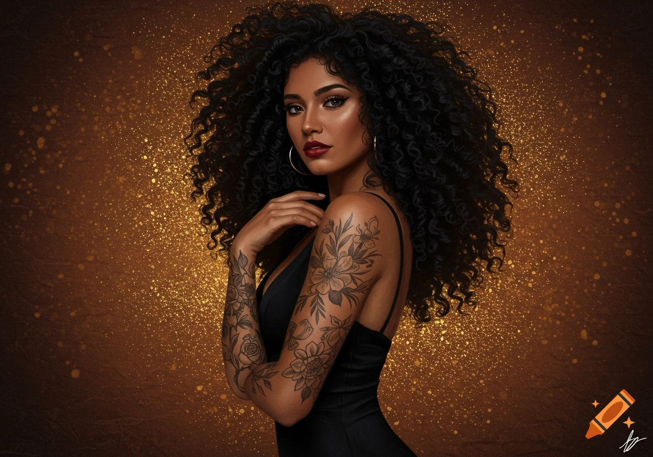 Photorealistic portrait of a Hispanic woman with curly black hair, tattooed arms, and a black dress, on a sparkling golden background.