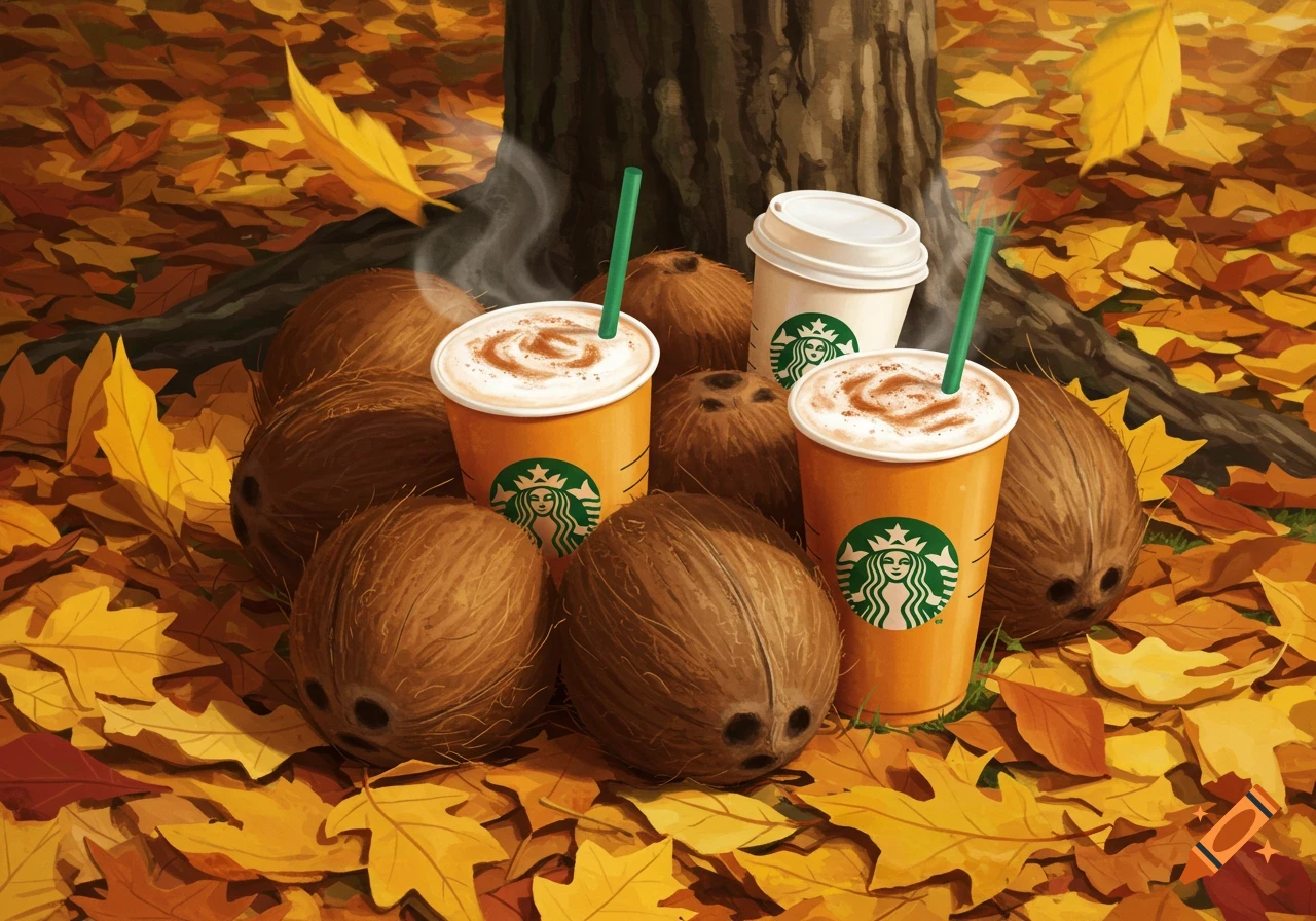 Illustrative scene of Starbucks pumpkin spice lattes and coconuts nestled among vibrant fall leaves at the base of a tree.