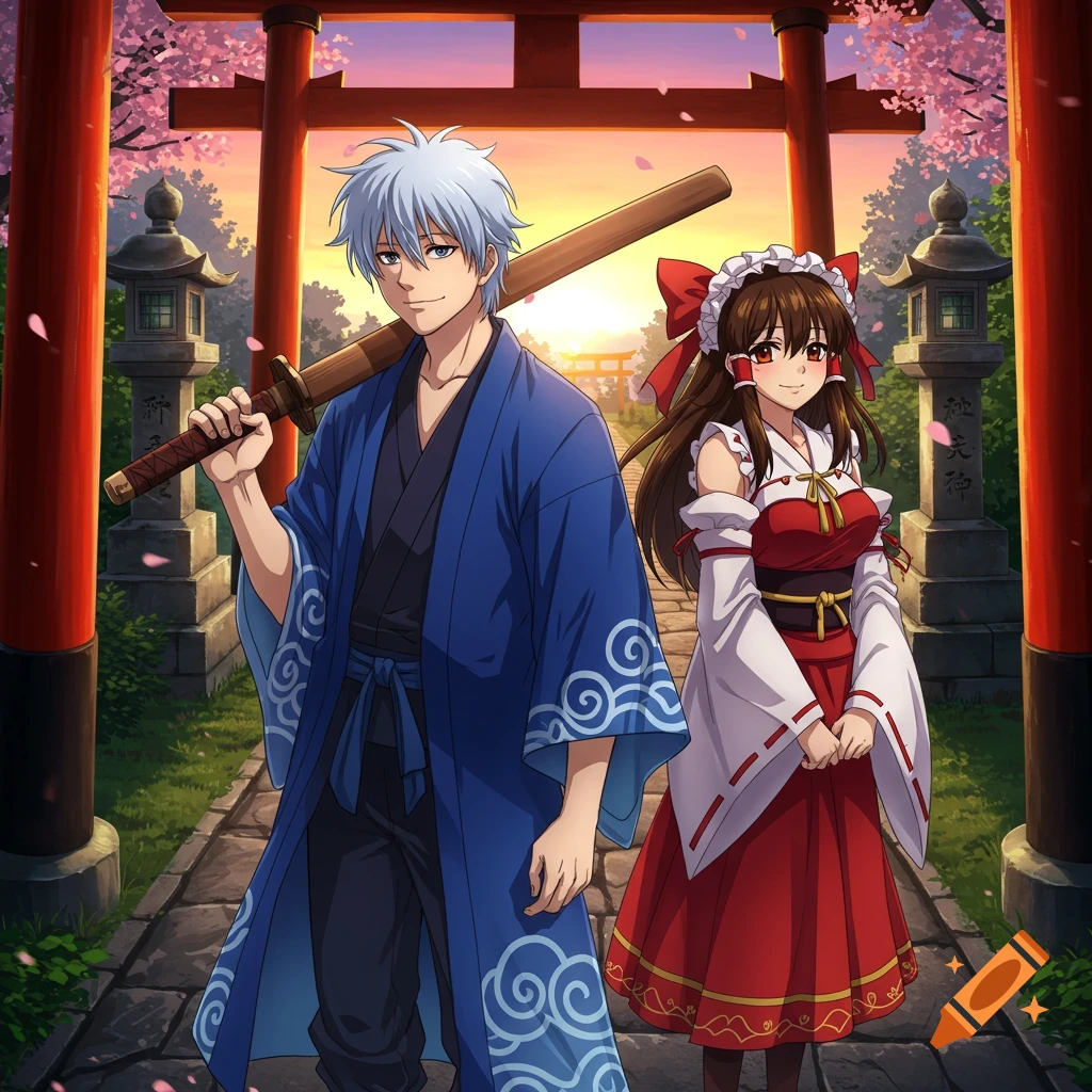 Anime characters, a man in blue and a woman in red, in traditional Japanese attire, standing before torii gates and cherry blossoms at sunset.