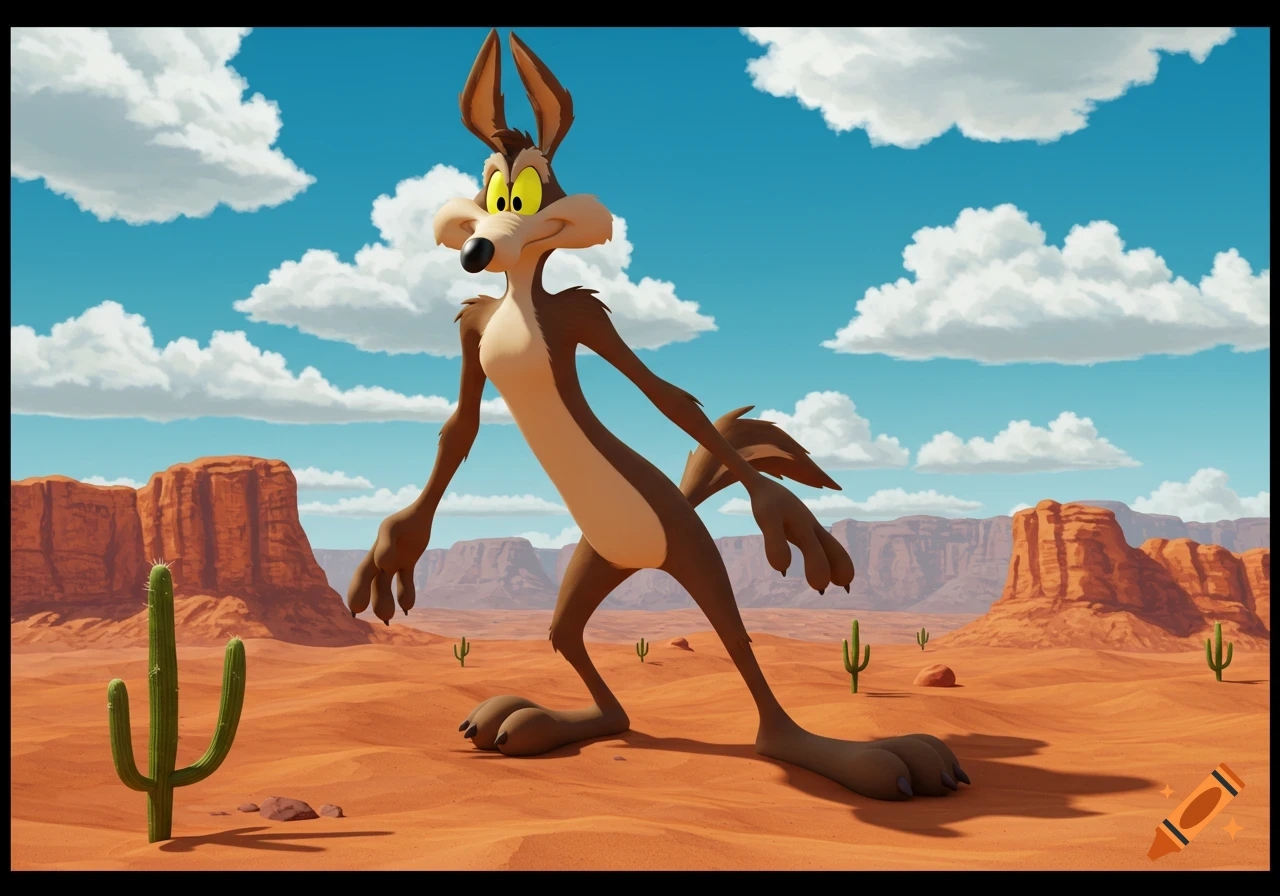 Wile E. Coyote stands in a vast desert landscape with red mesas and green cacti under a blue sky.