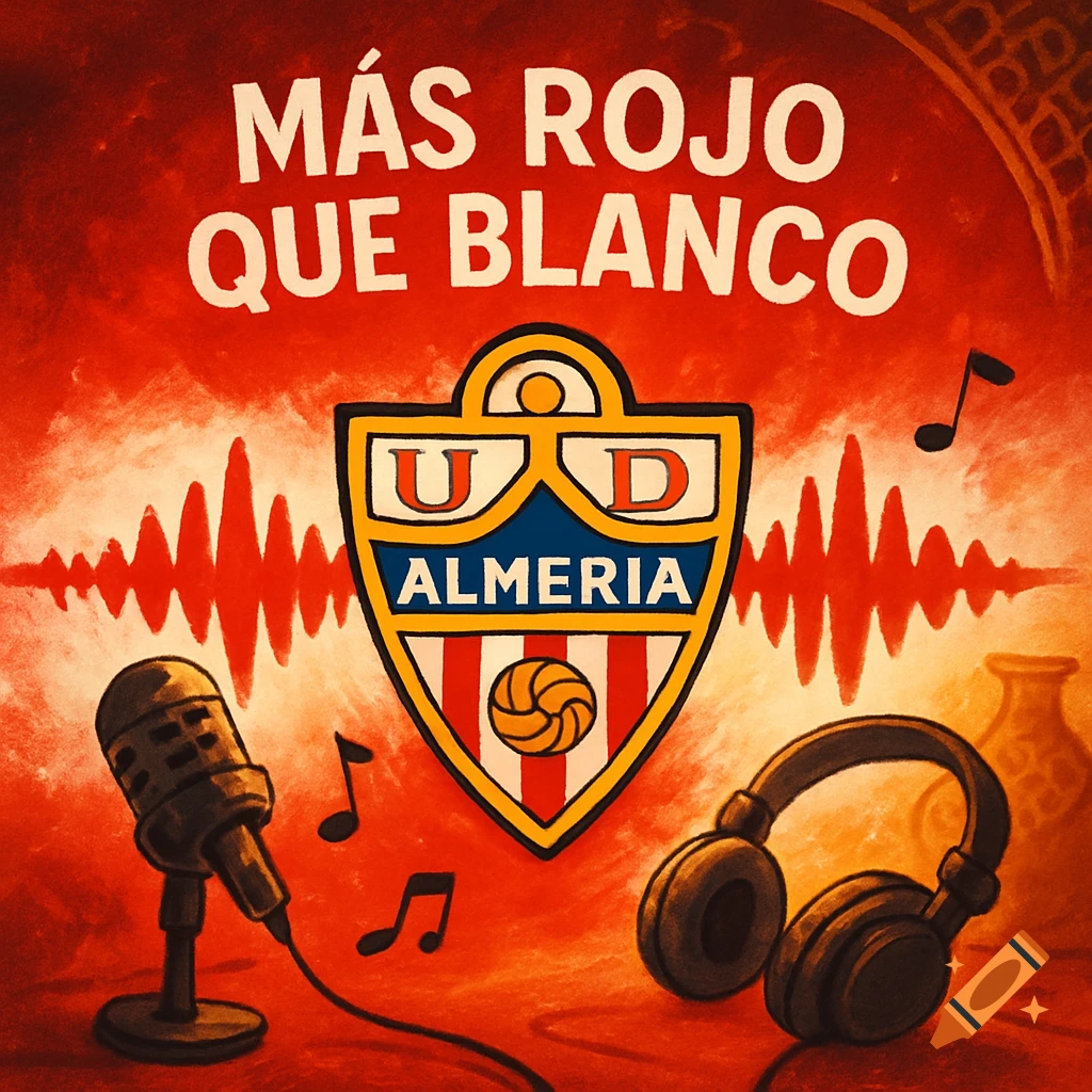 Illustrated podcast cover for UD Almería, featuring the club crest, a microphone, headphones, and musical notes on a red background with sound waves. Text reads "MÁS ROJO QUE BLANCO" and "U D ALMERIA".