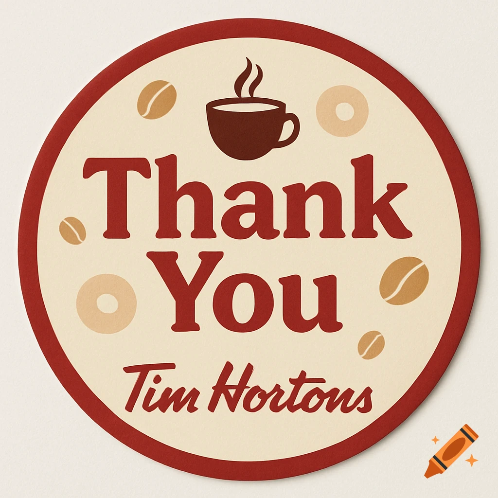 A circular Tim Hortons 'Thank You' sticker with a coffee cup, coffee beans, and donut shapes on a cream background with a red border.