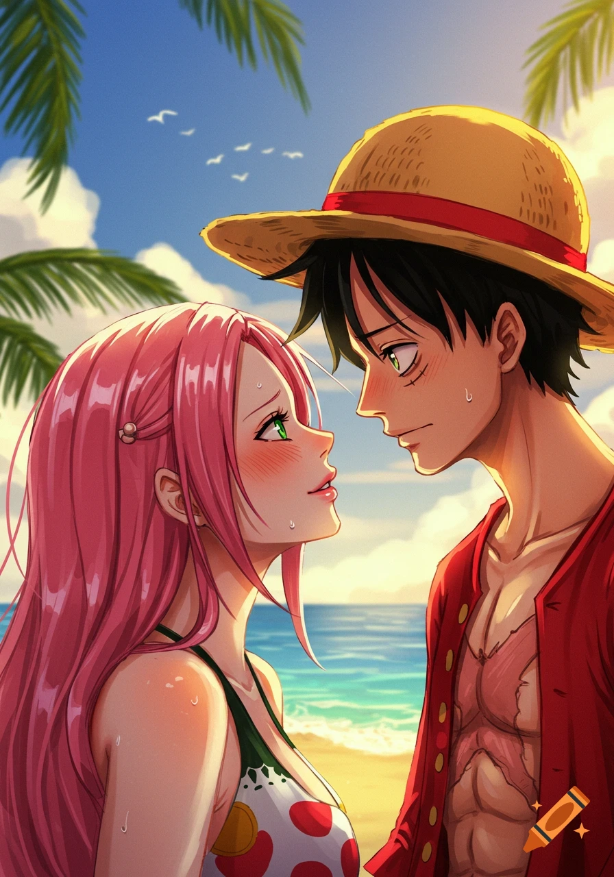 Anime illustration of Monkey D. Luffy and a pink-haired woman blushing and staring at each other on a sunny beach.