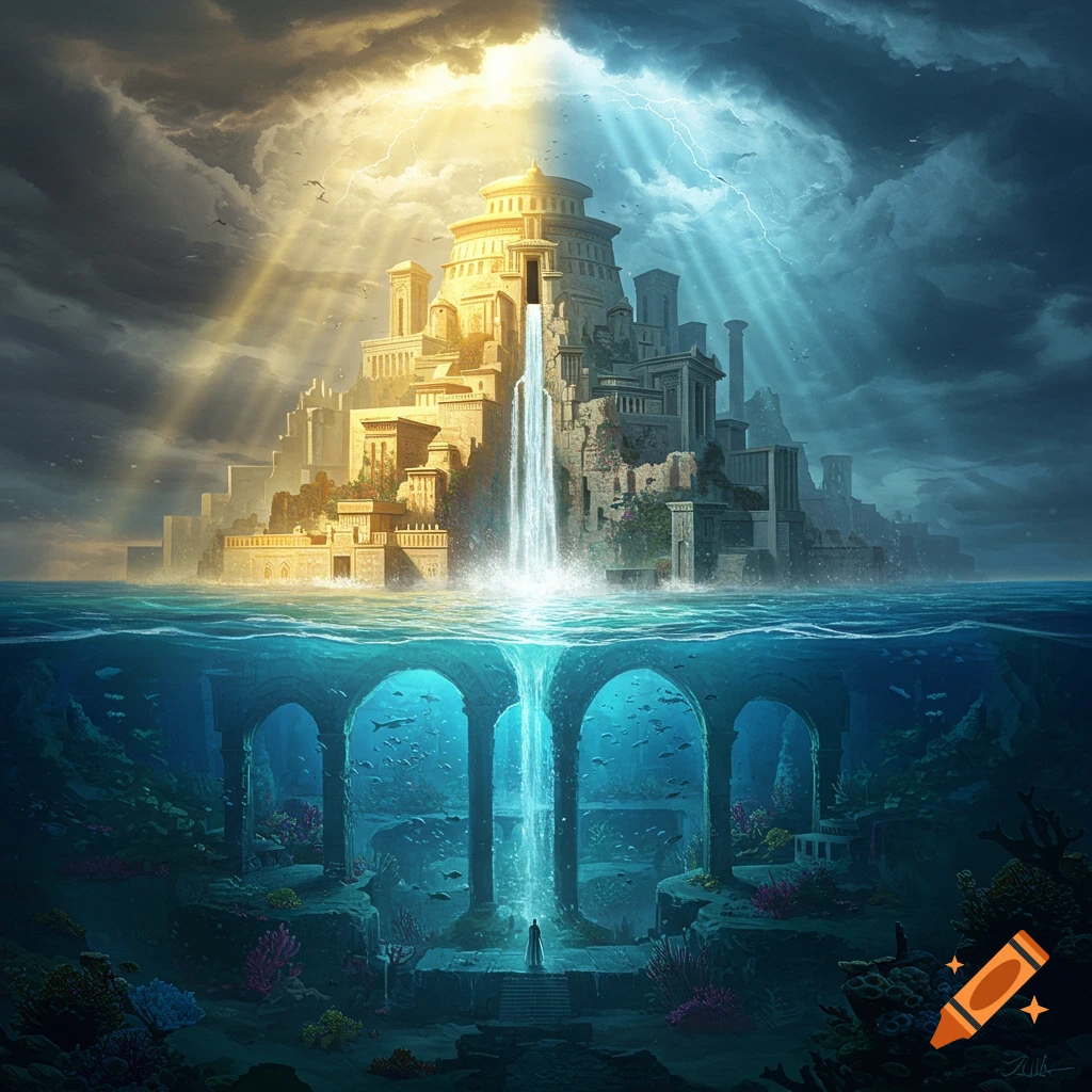 A fantasy city rises from the ocean, half bathed in golden light and half in stormy shadows, with a waterfall spilling into an underwater archway.
