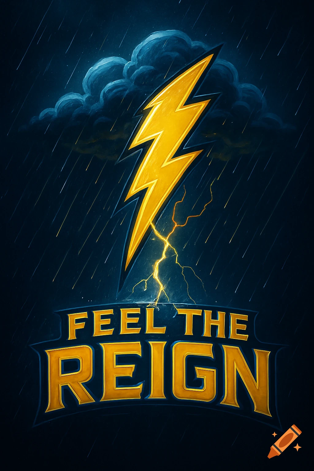 A stylized fantasy football logo featuring a gold lightning bolt striking from a dark stormy cloud with rain, above the words "Feel the Reign".