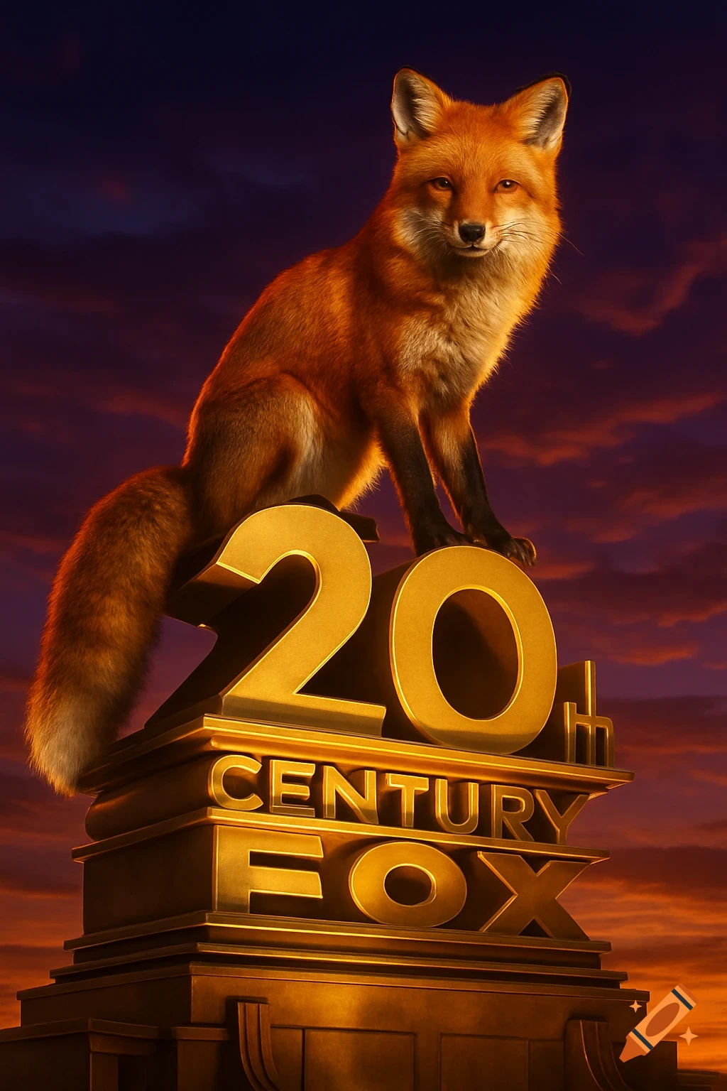 A realistic fox stands on top of the golden 20th Century Fox logo against a dramatic sunset sky.
