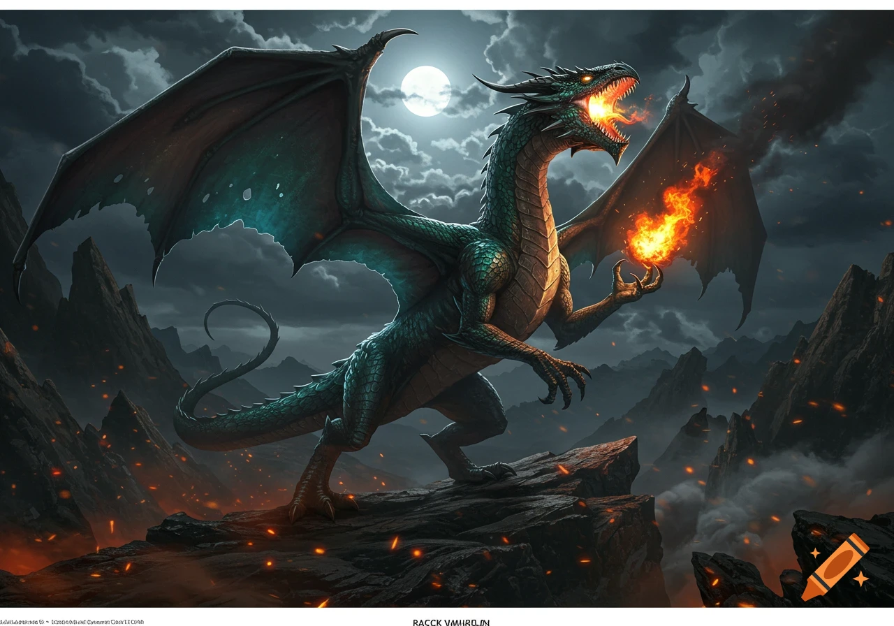 A majestic green dragon with large wings breathes fire, perched on a rocky peak under a full moon in a stormy, dark sky.