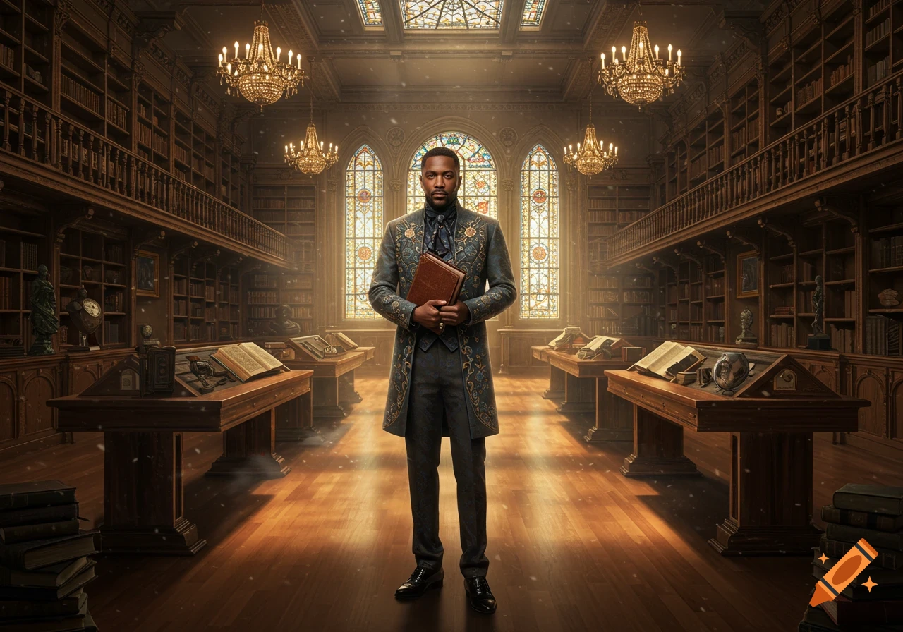 A man in a detailed, ornate coat holds a book in a grand, richly decorated library with stained glass windows and chandeliers.
