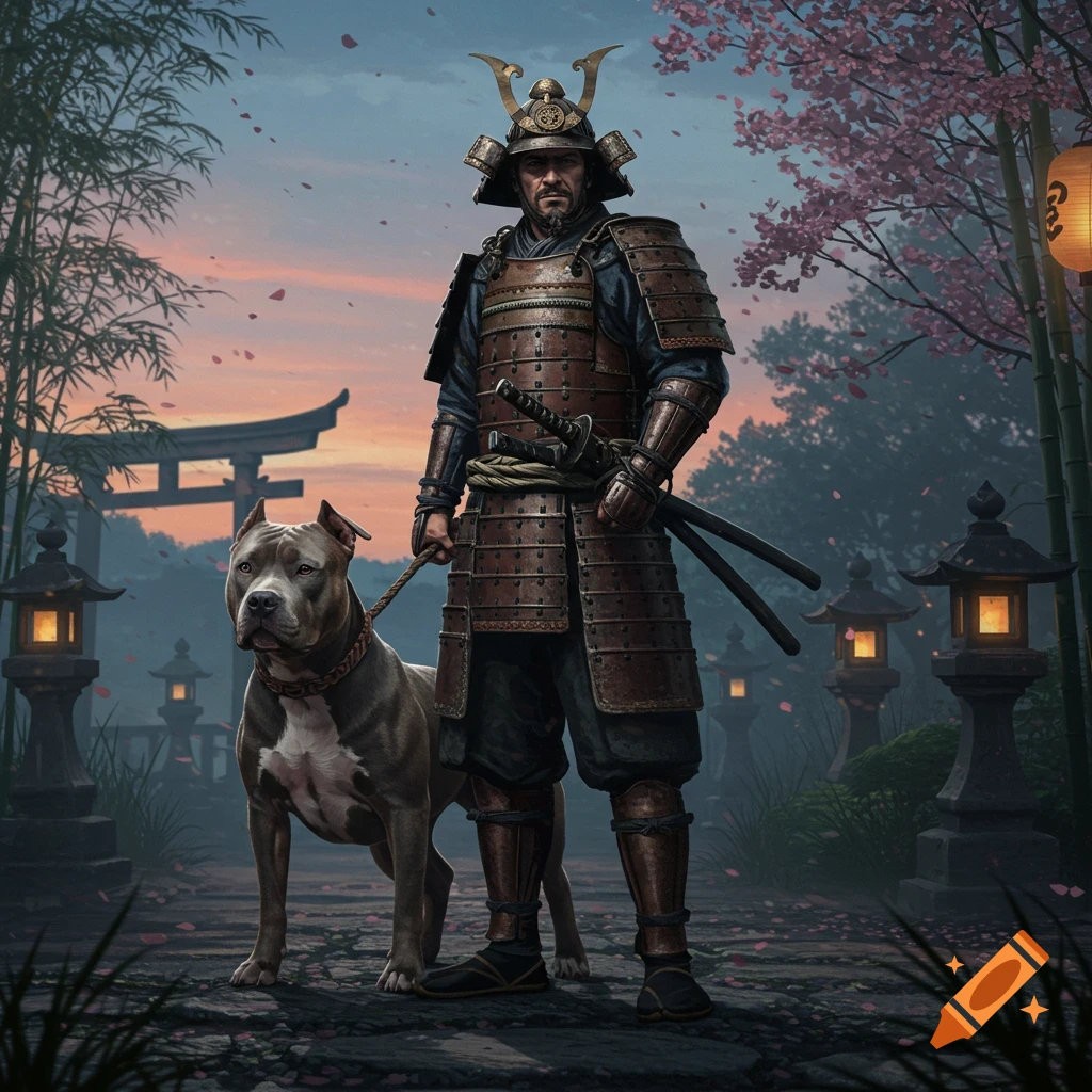 A samurai in full armor and helmet stands with a pitbull dog in a Japanese garden with a torii gate and cherry blossoms at sunset.