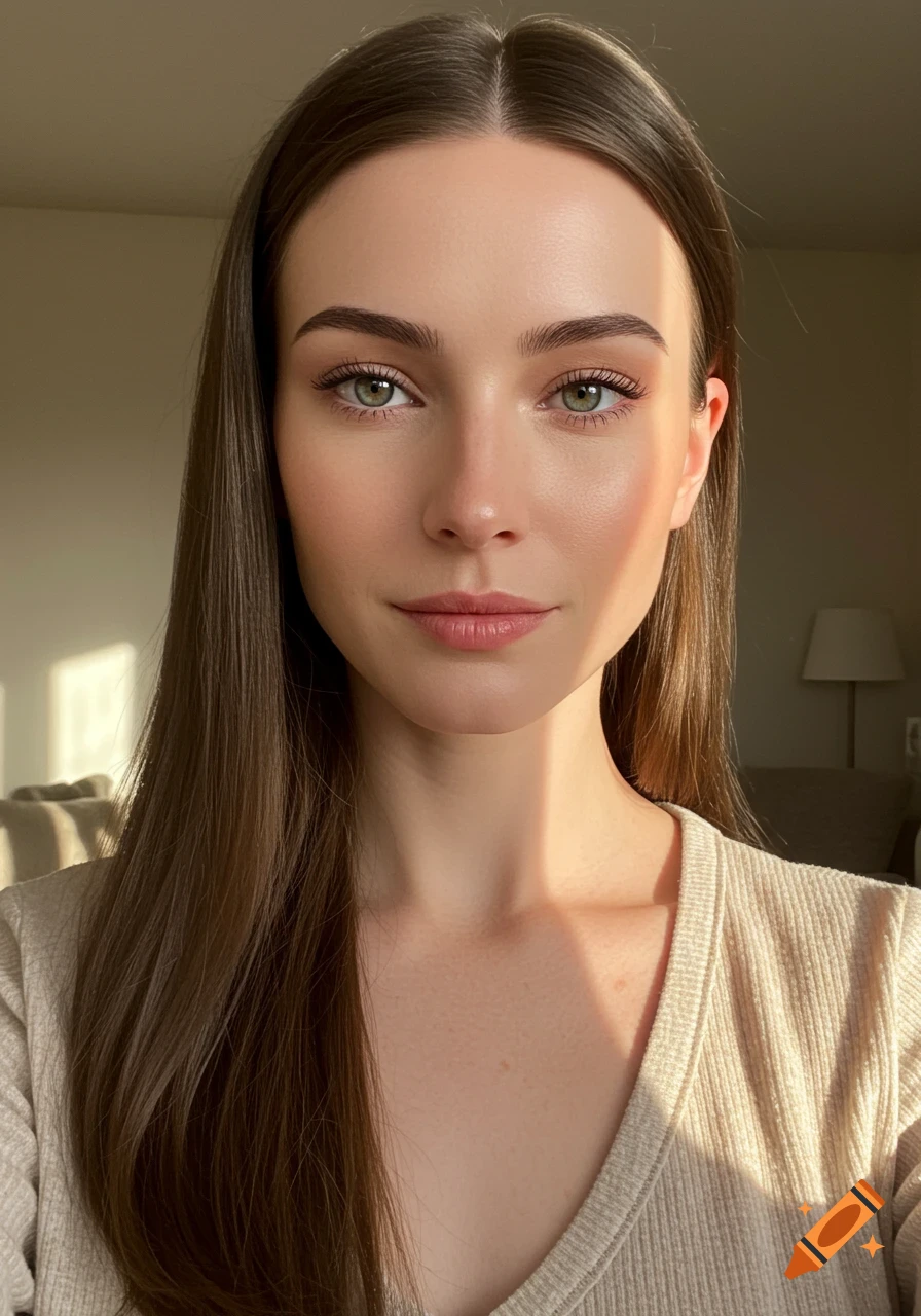 Close-up photorealistic portrait of a woman with long brown hair and green eyes, sunlight on her face.