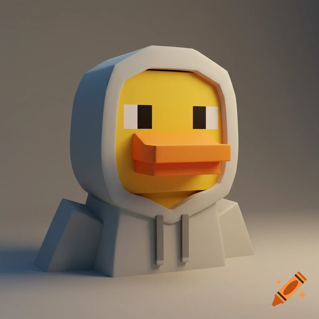 A blocky, pixel-art style duck character wearing a light grey hoodie, looking forward.