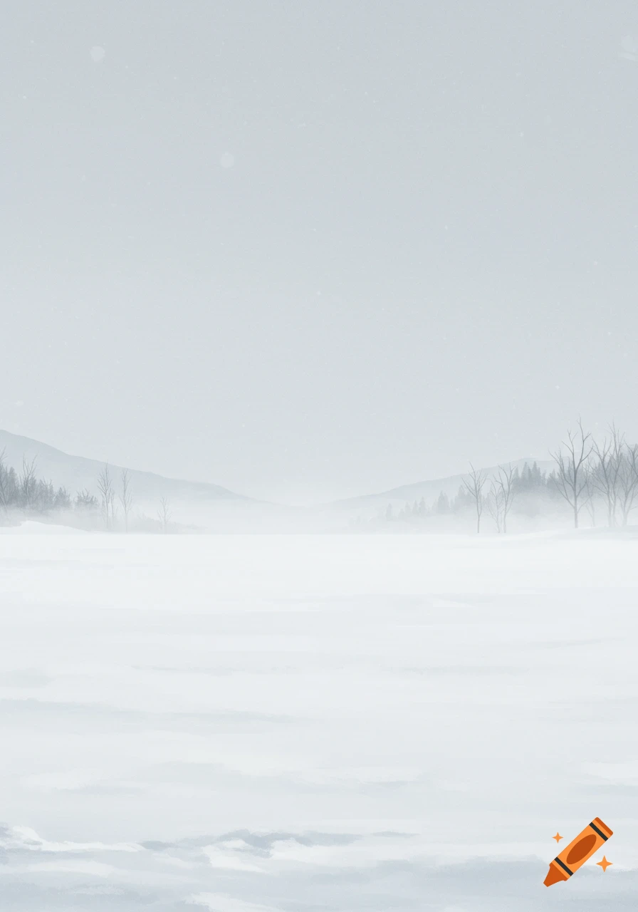 A serene, misty winter landscape with a snow-covered field, bare trees, and distant mountains under a grey sky.