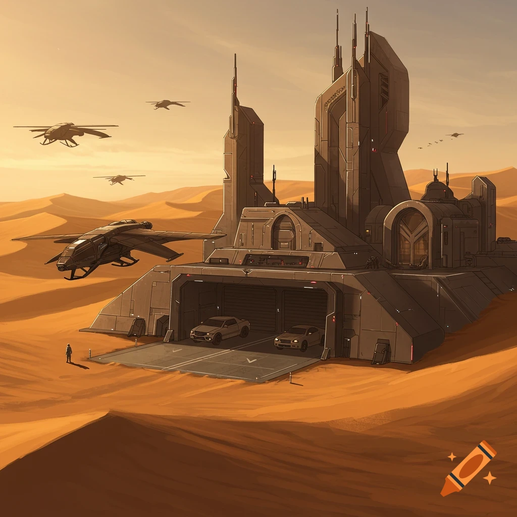 Illustrated futuristic desert base with brutalist architecture, flying aircraft, and a garage, under an orange sky.