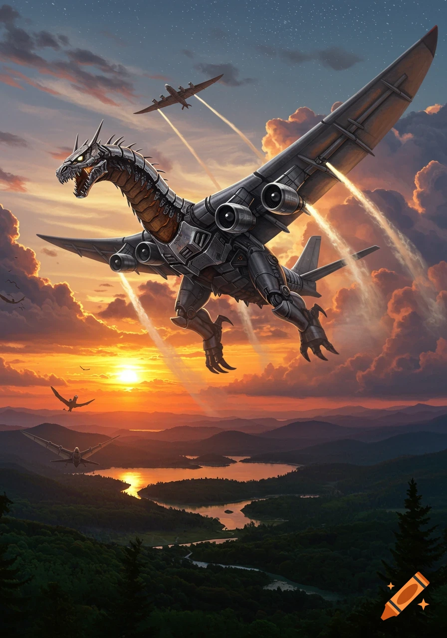 A majestic mechanical dragon with airplane wings and jet engines flies over a mountainous lake at sunset, with other aircraft in the sky.