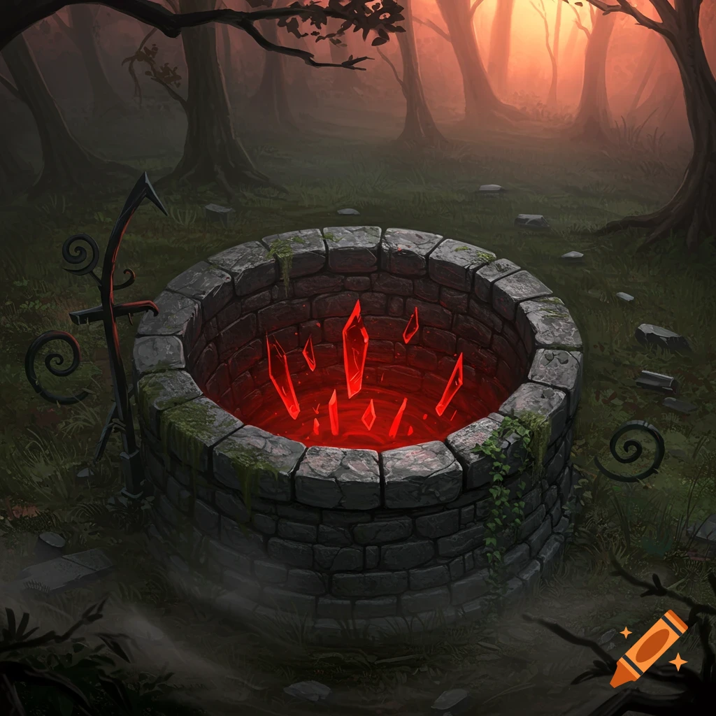 A dark fantasy illustration of a stone well with glowing red crystal shards at the bottom, set in a mystical forest at sunset.