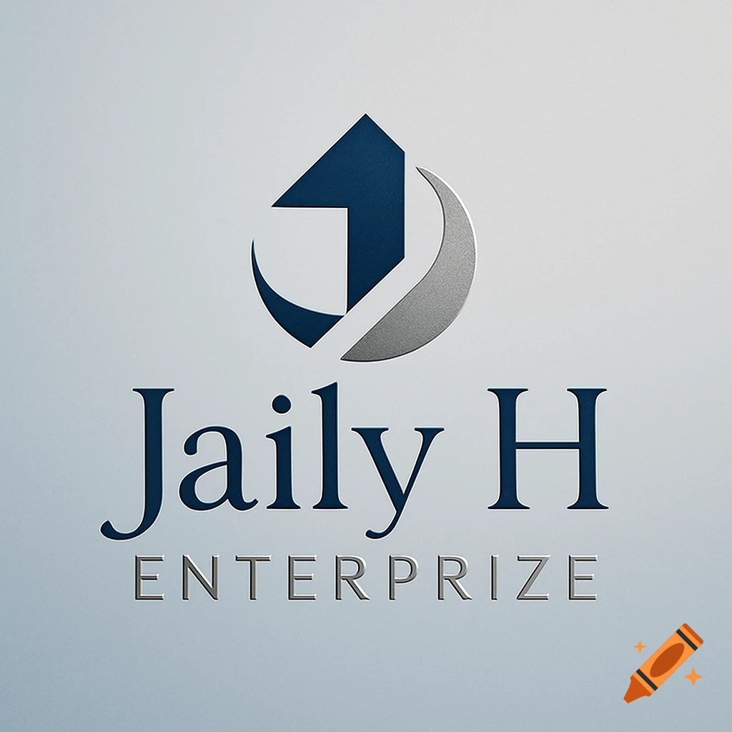Blue and silver abstract logo with text 'Jaily H Enterprize' on a light gray background.