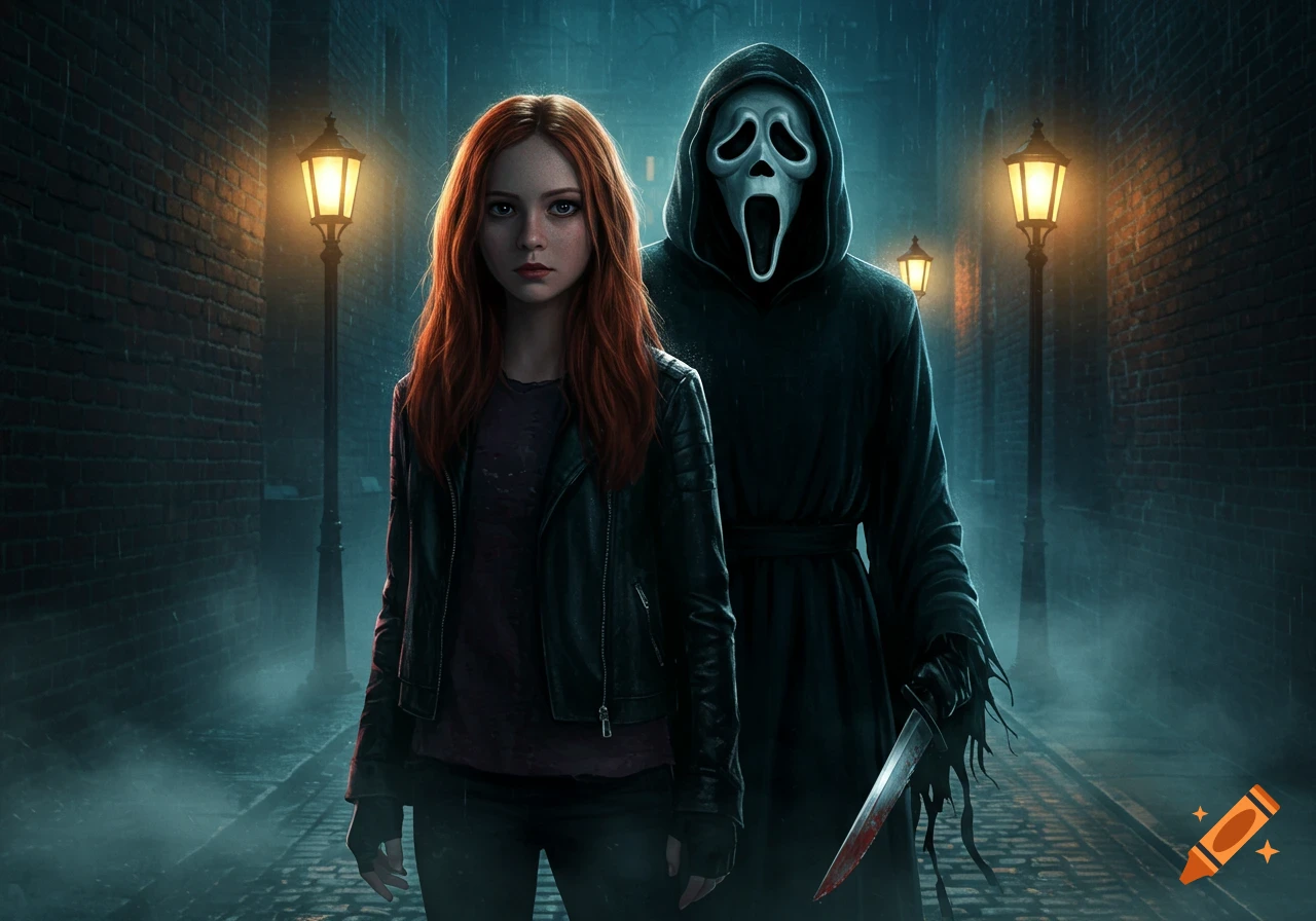 A red-haired girl in a leather jacket stands next to Ghostface holding a bloody knife in a dark, rainy alley, digital art.
