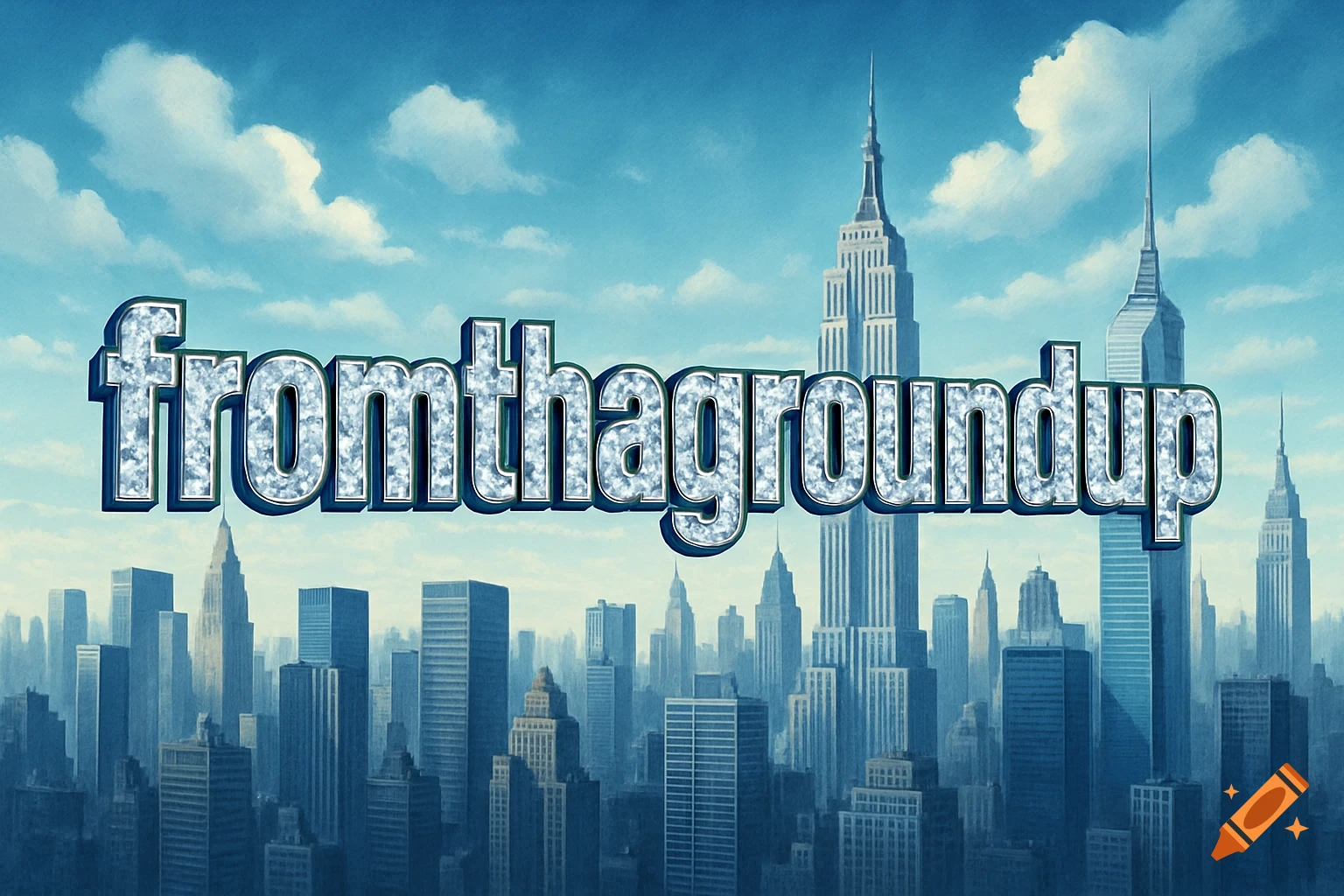 The word "fromthagroundup" in shiny, diamond-like 3D letters floats above a blue New York City skyline under a cloudy sky.