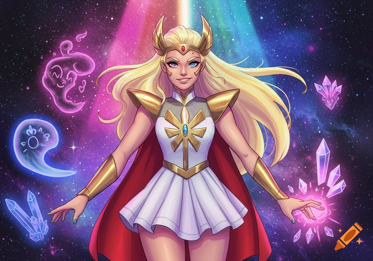 She-Ra, with flowing blonde hair, golden tiara, white dress, and red cape, stands heroically in a vibrant cosmic background with glowing crystals.