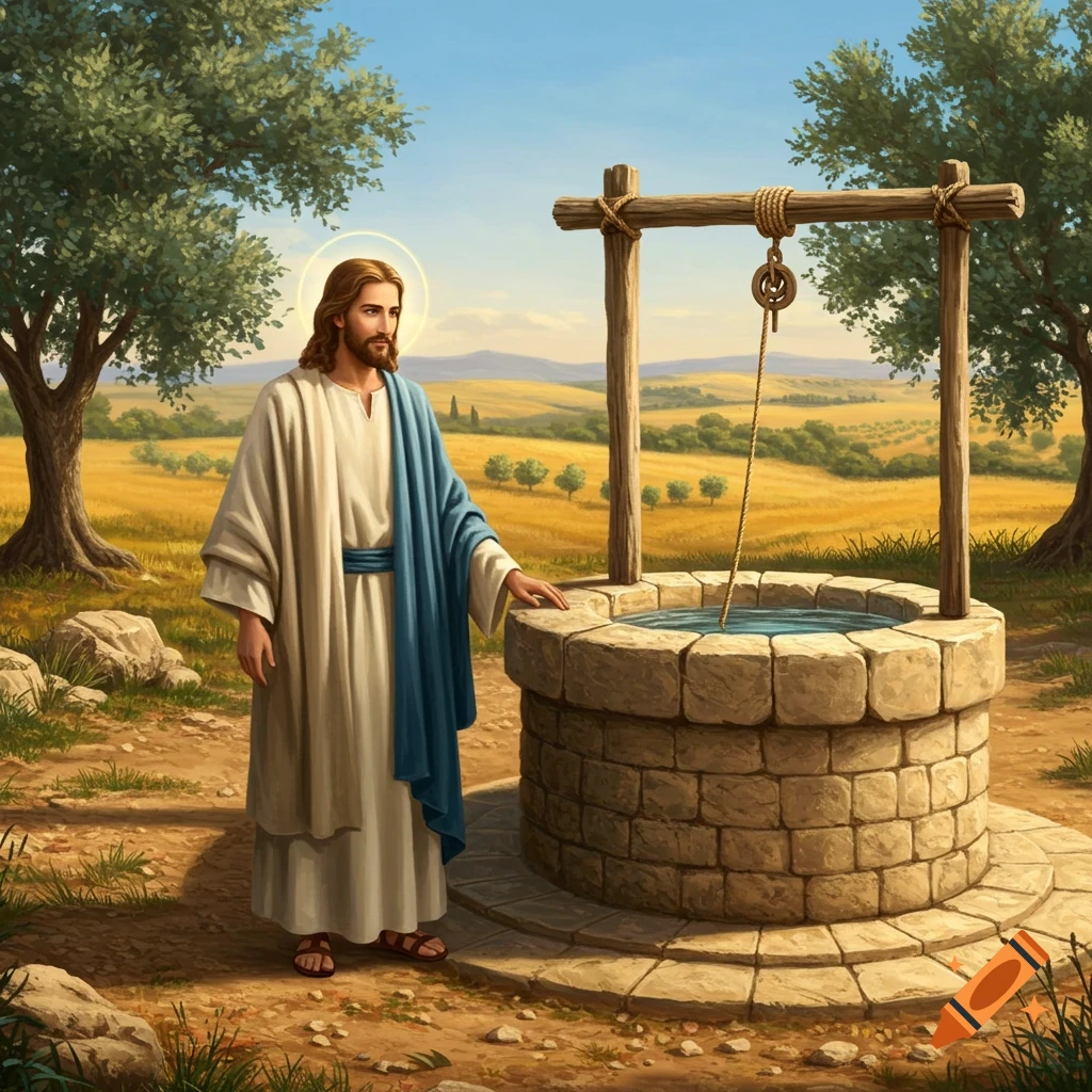 Jesus Christ in robes stands by a stone well in a sunny, illustrative rural landscape with olive trees and rolling hills.