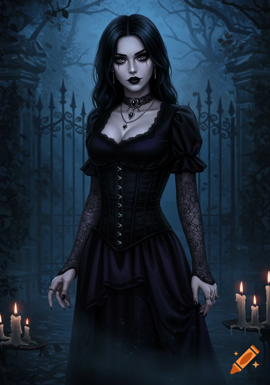 A gothic woman with black hair and dark makeup stands in front of an ornate gate, illuminated by candles.
