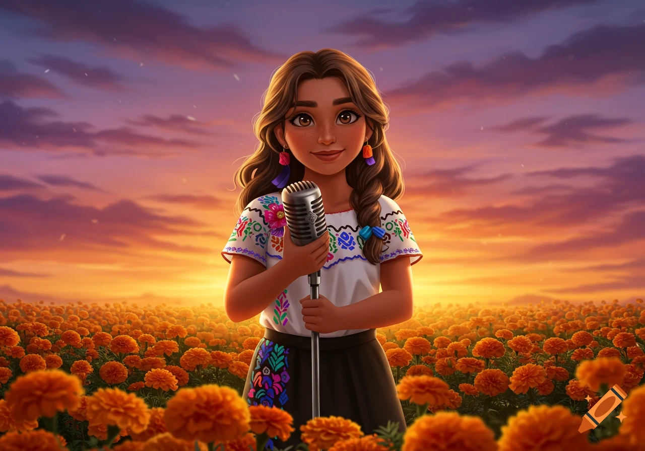 Illustration of a smiling girl with braided hair and an embroidered shirt, holding a microphone in a marigold field at sunset.