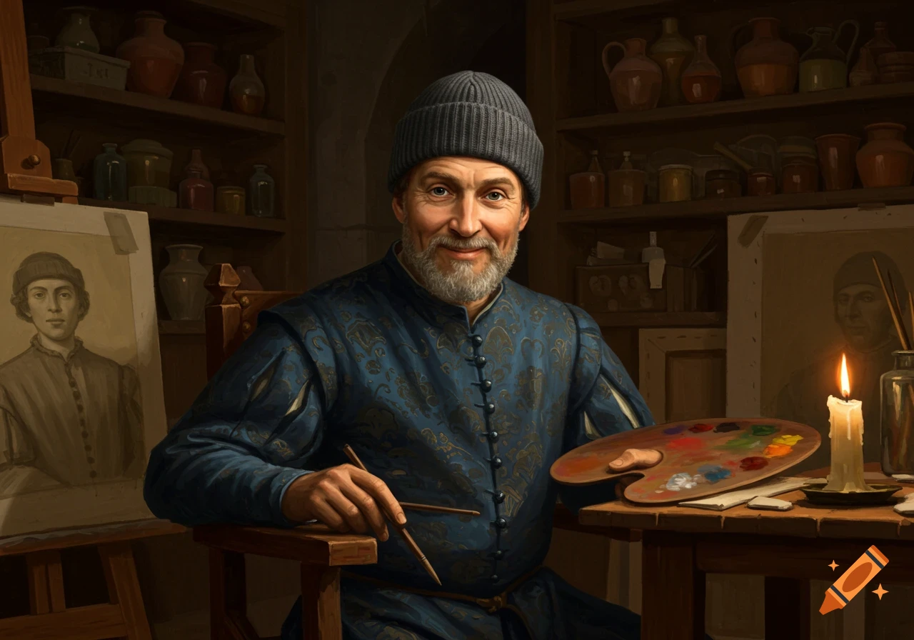 A smiling, bearded artist in a beanie and blue tunic sits in his studio with a palette and brushes. Painterly style.