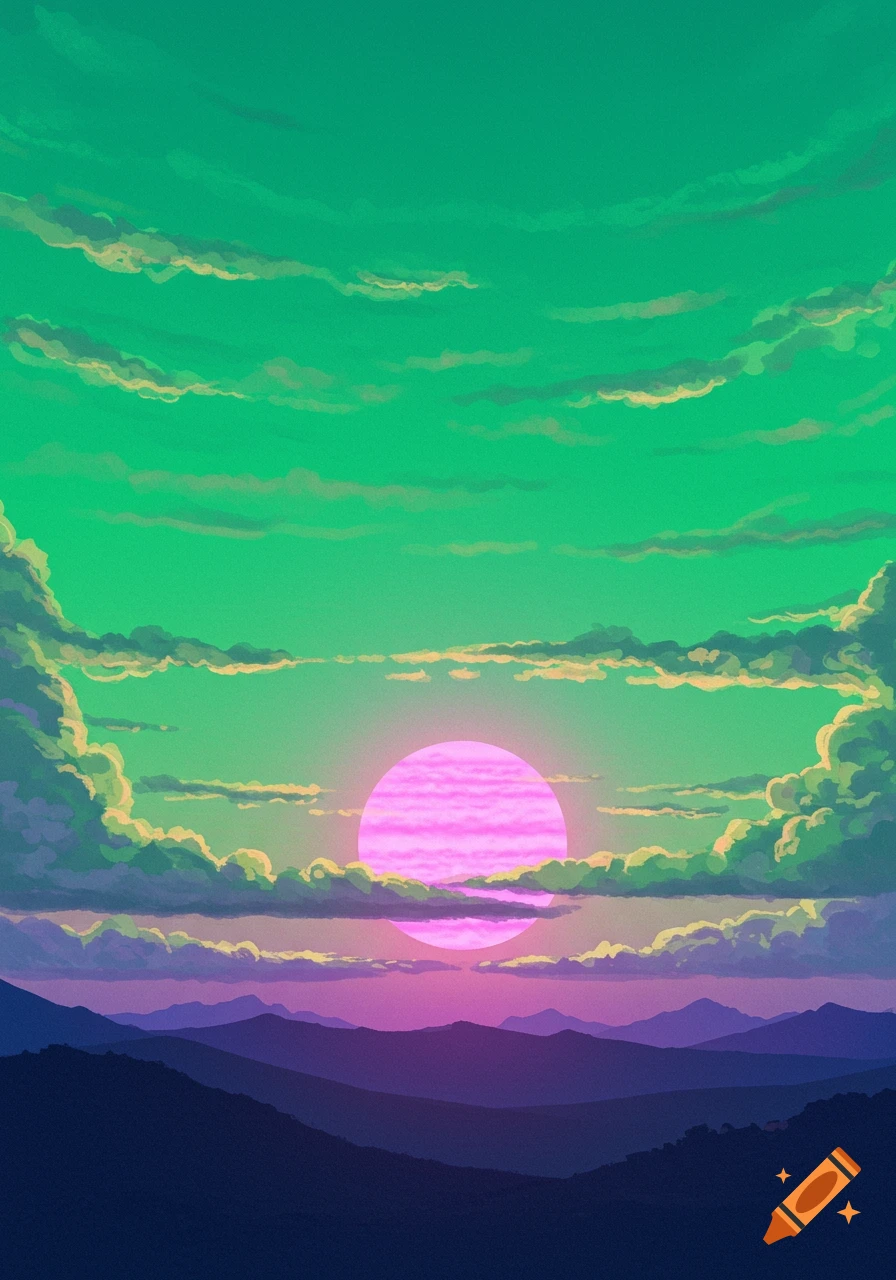 Stylized landscape featuring a bright pink sun in a green sky over purple mountains and clouds.
