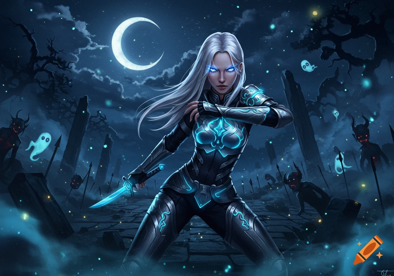 Female warrior with white hair, glowing blue eyes and armor, holding a sword in a dark fantasy landscape with demons and ghosts under a crescent moon.