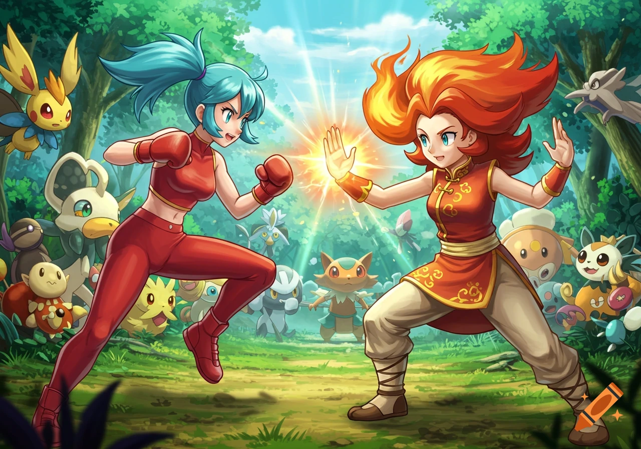 Anime illustration of two female fighters, one boxing and one martial arts, facing off in a forest surrounded by cute fantasy creatures.