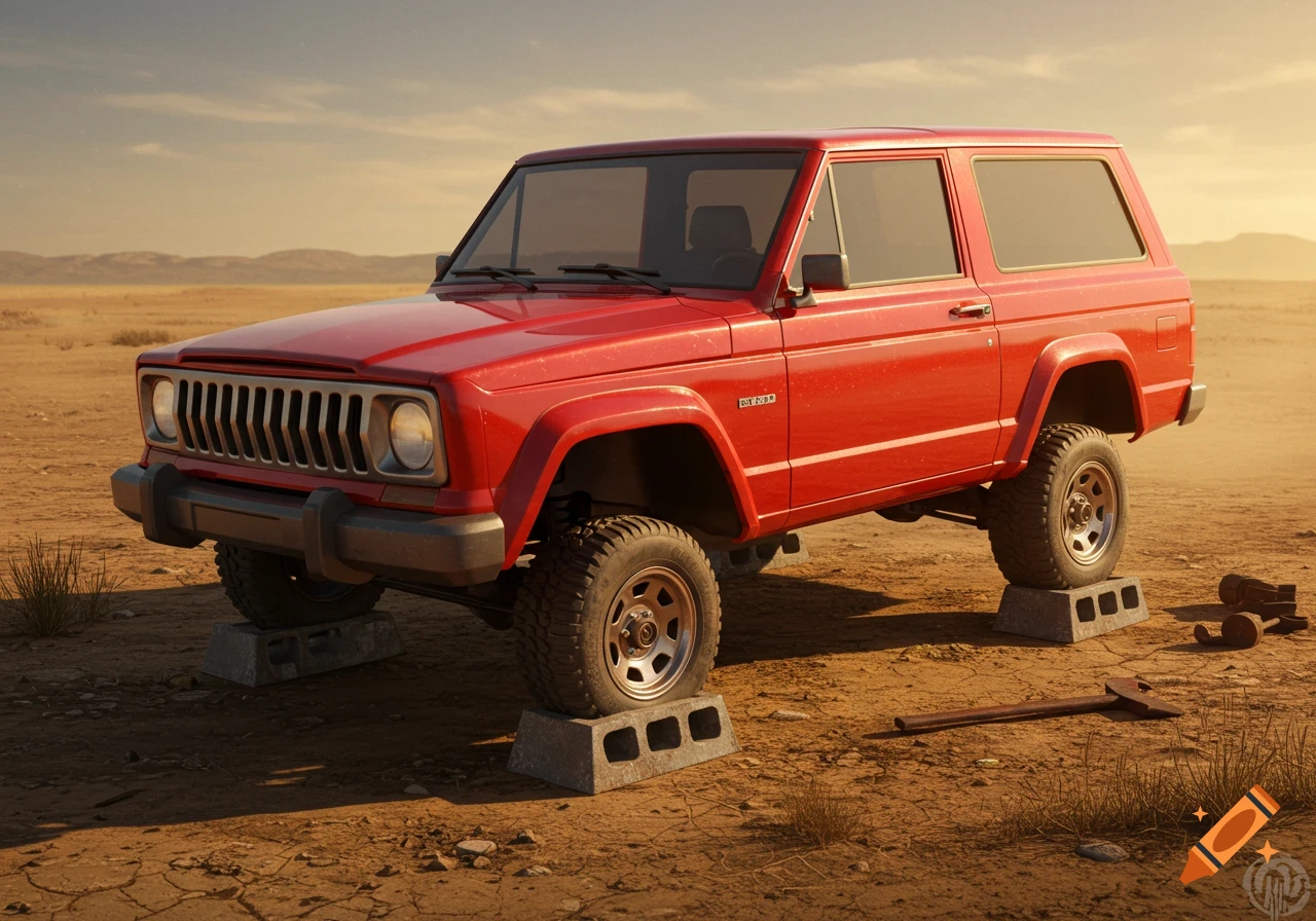 A red, lifted, vintage-style jeep with its wheels resting on concrete blocks in a vast, sandy desert landscape under a clear sky.