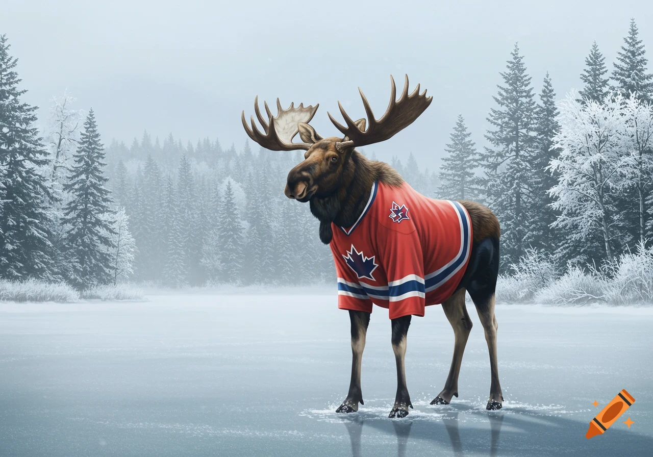 A majestic moose wearing a red and blue hockey jersey stands on a frozen lake in a snowy forest landscape.