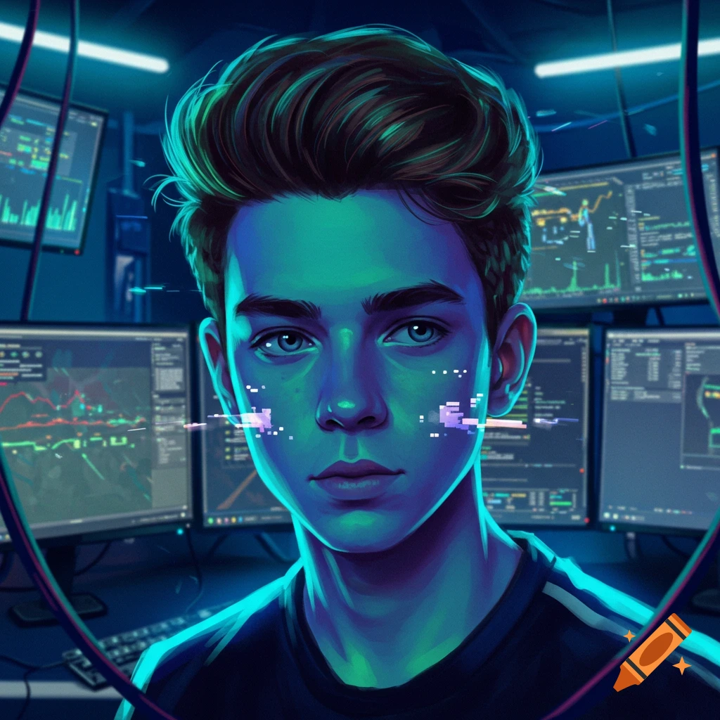 Digital art portrait of a young man with glowing blue eyes and hair, surrounded by neon-lit computer screens displaying data and glitches.