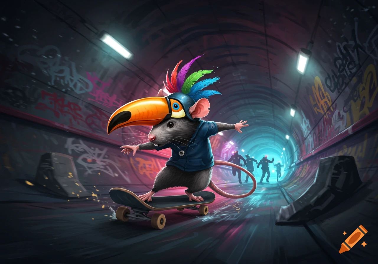 A cartoon rat wearing a toucan-shaped hat skateboards through a graffiti-covered underground tunnel, fleeing blurry figures.