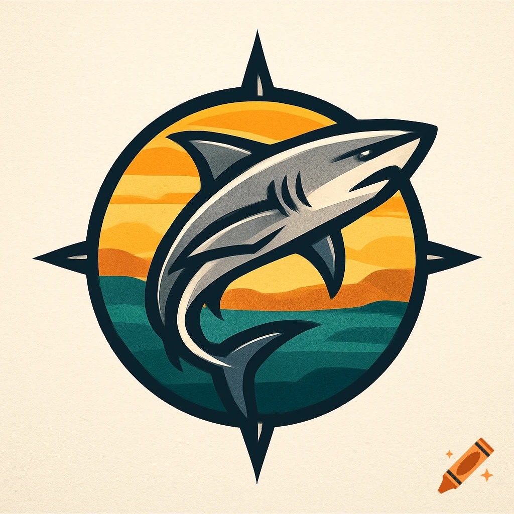 Stylized logo featuring a shark jumping over sunset-colored water within a compass circle.