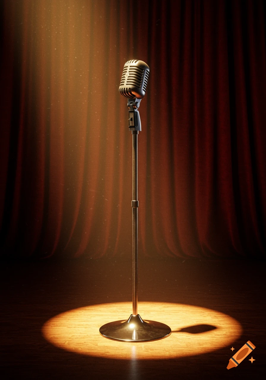 A vintage microphone on a stand, spotlit on a wooden stage with red curtains in the background.