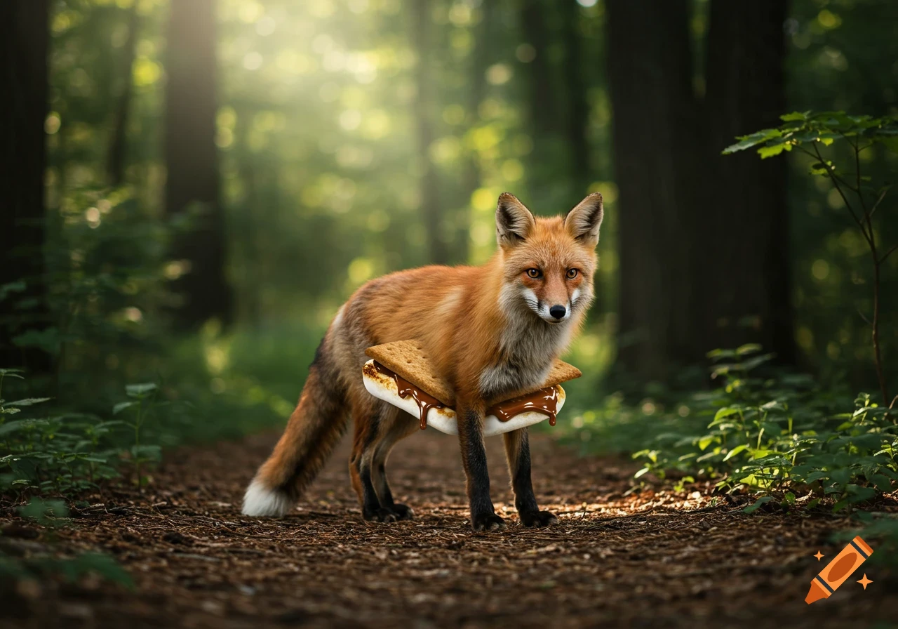 A photorealistic fox with a s'more for its body stands on a forest path, dappled in sunlight.