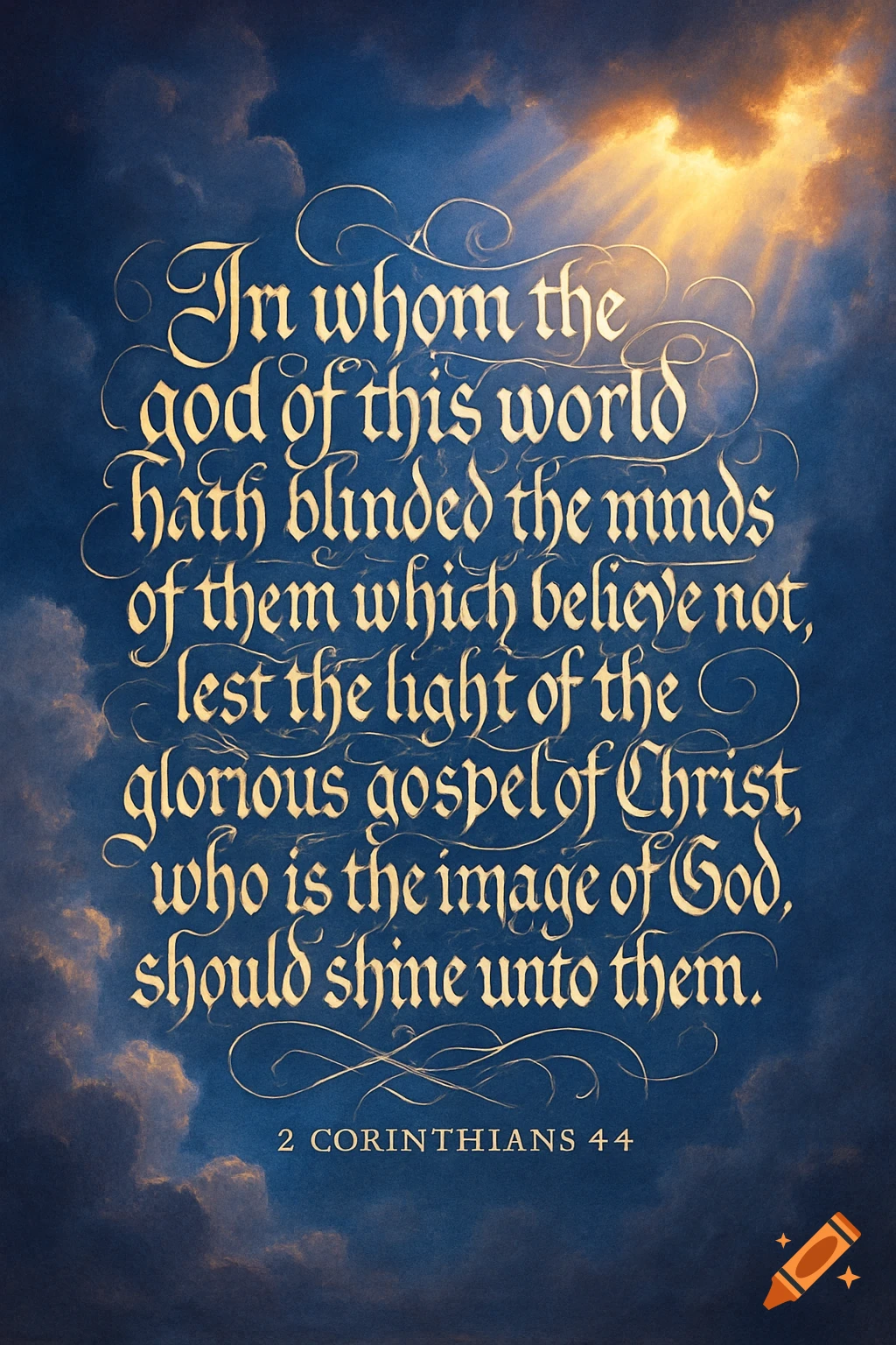 Decorative golden calligraphy of 2 Corinthians 4:4 against a dramatic blue sky with bright sunlight breaking through clouds.