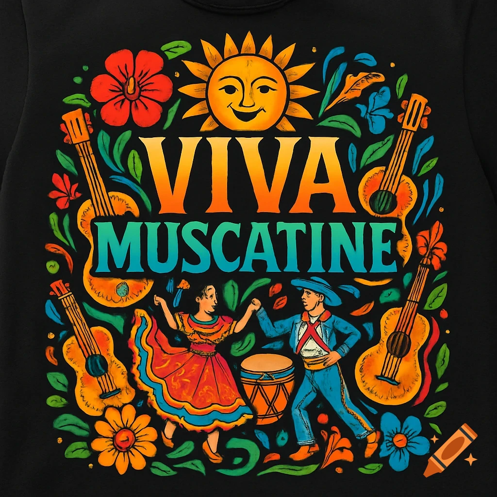Colorful, festive illustration for 'Viva Muscatine' festival, featuring a smiling sun, flowers, guitars, drums, and folkloric dancers.