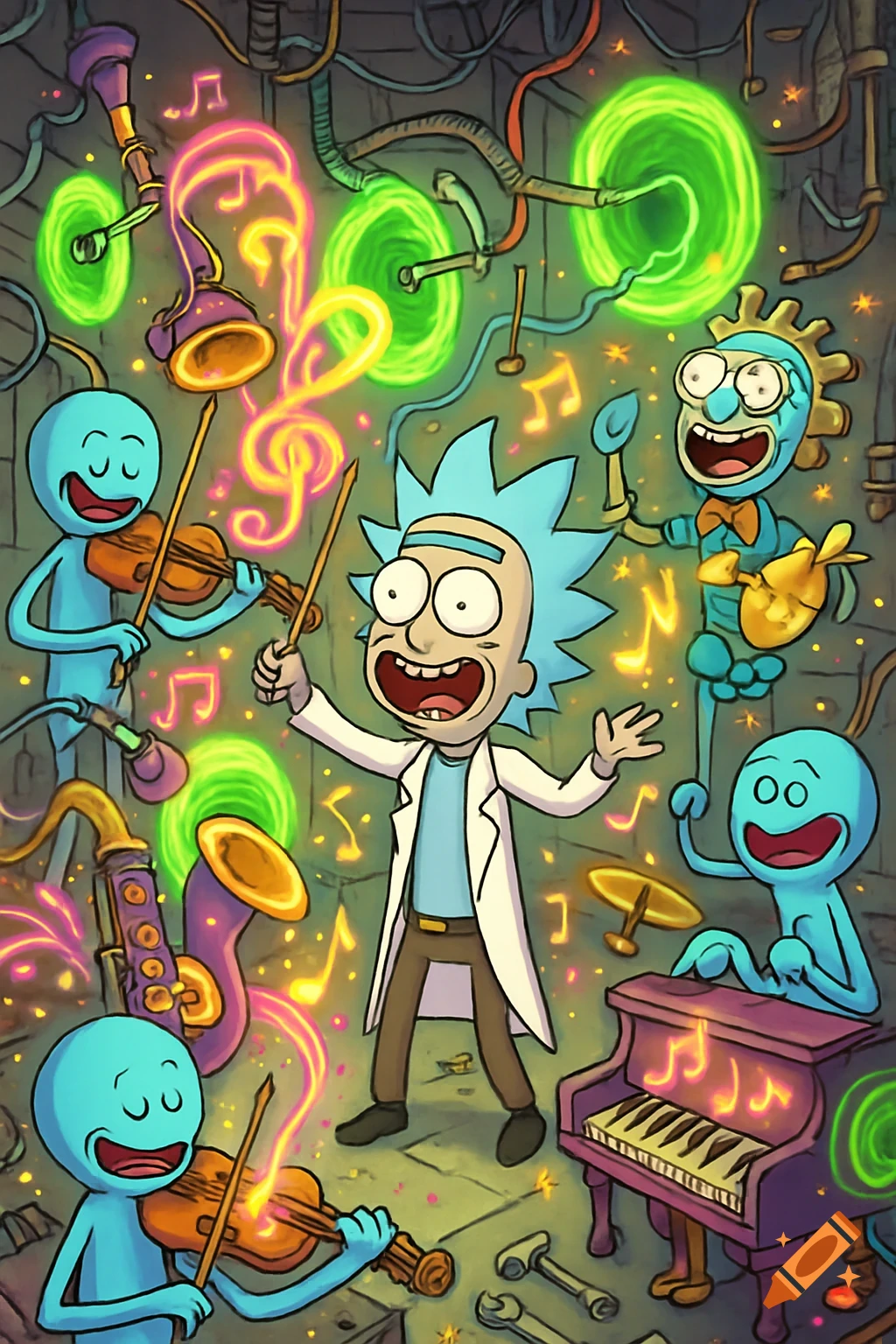 Rick Sanchez conducts an orchestra of Meeseeks and a Gearhead playing magical instruments in a chaotic, glowing laboratory filled with portals and musical notes.