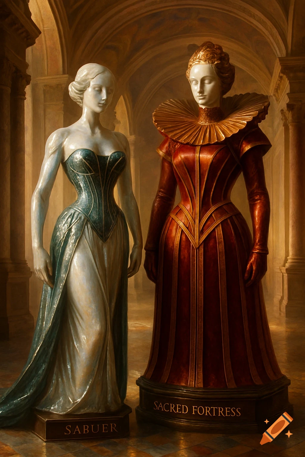 Two ornate, doll-like statues in a grand hall; one in a blue-green corset and flowing skirt, the other in a red and gold gown with a ruff.