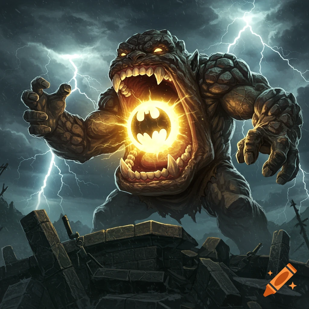 A monstrous, rocky ogre with glowing eyes and sharp teeth holds a glowing Batman symbol in its wide-open mouth under a stormy, lightning-filled sky over ruins, in a comic art style.