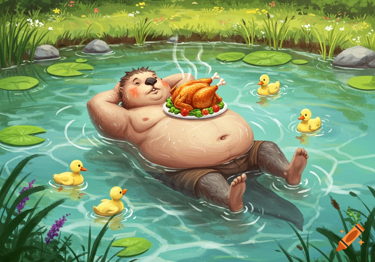 A chubby, otter-like cartoon creature floats on its back in a pond, relaxing and eating a roasted chicken from its belly, surrounded by lily pads and rubber ducks.