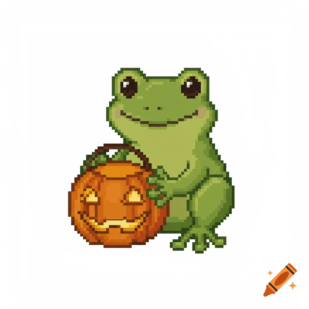 Pixel art of a cute green frog holding an orange jack-o'-lantern with a carved smile.