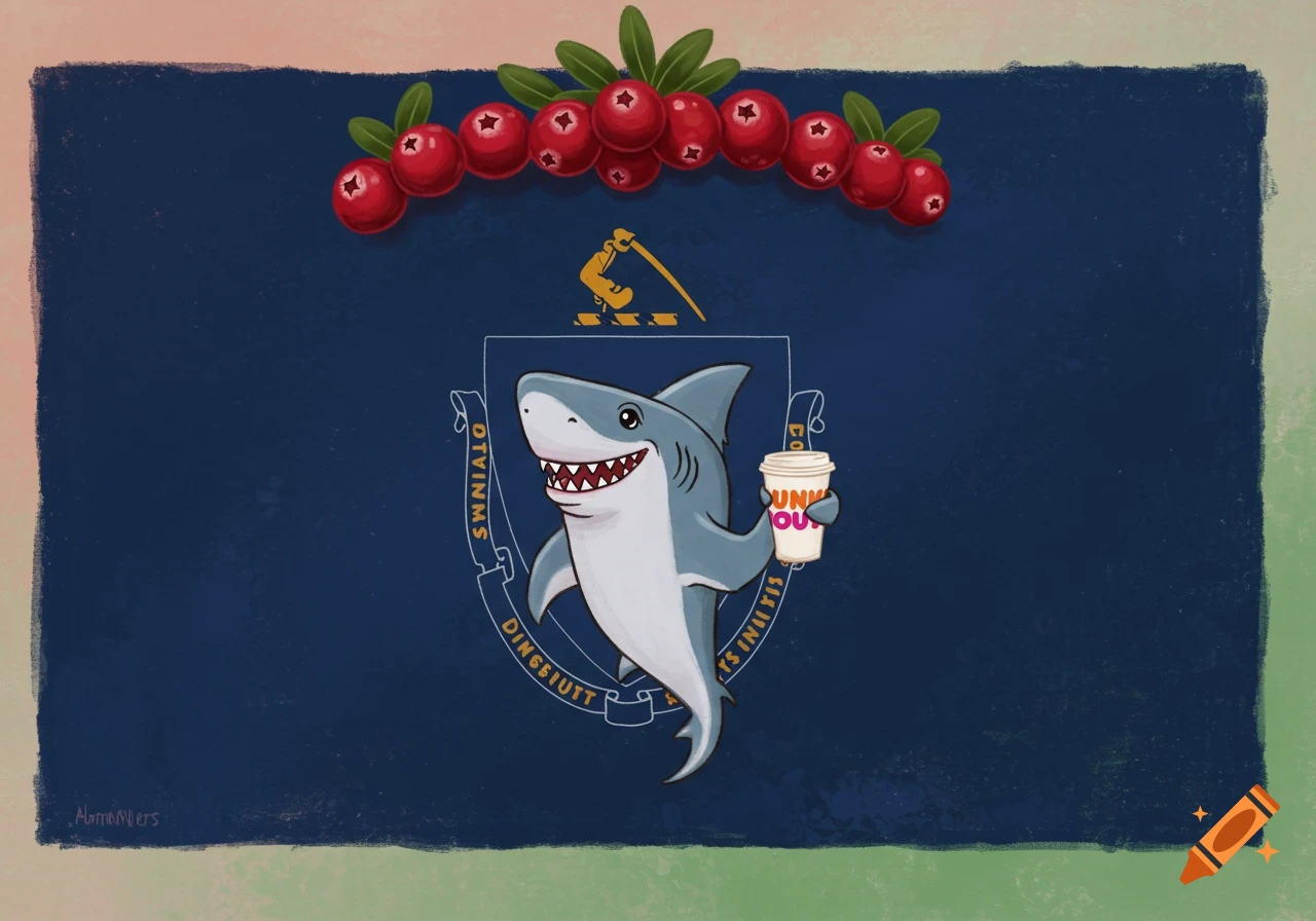 A cartoon shark holding a Dunkin' coffee cup, centered on a dark blue flag with a shield emblem and an arc of cranberries above.