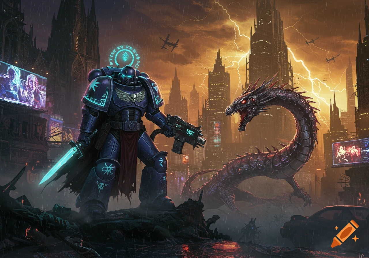 A heavily armored space marine battles a mechanical dragon in a futuristic, dystopian city under a stormy, lightning-filled sky.