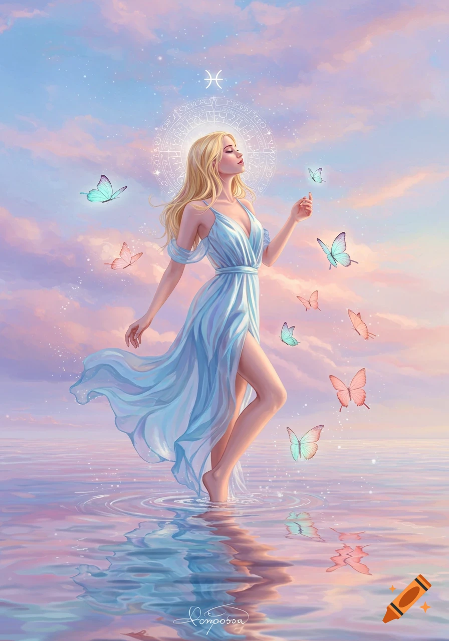 A blonde woman in a light blue flowing dress stands in shimmering water, surrounded by pastel butterflies, under a pink and blue sky with the Pisces symbol.