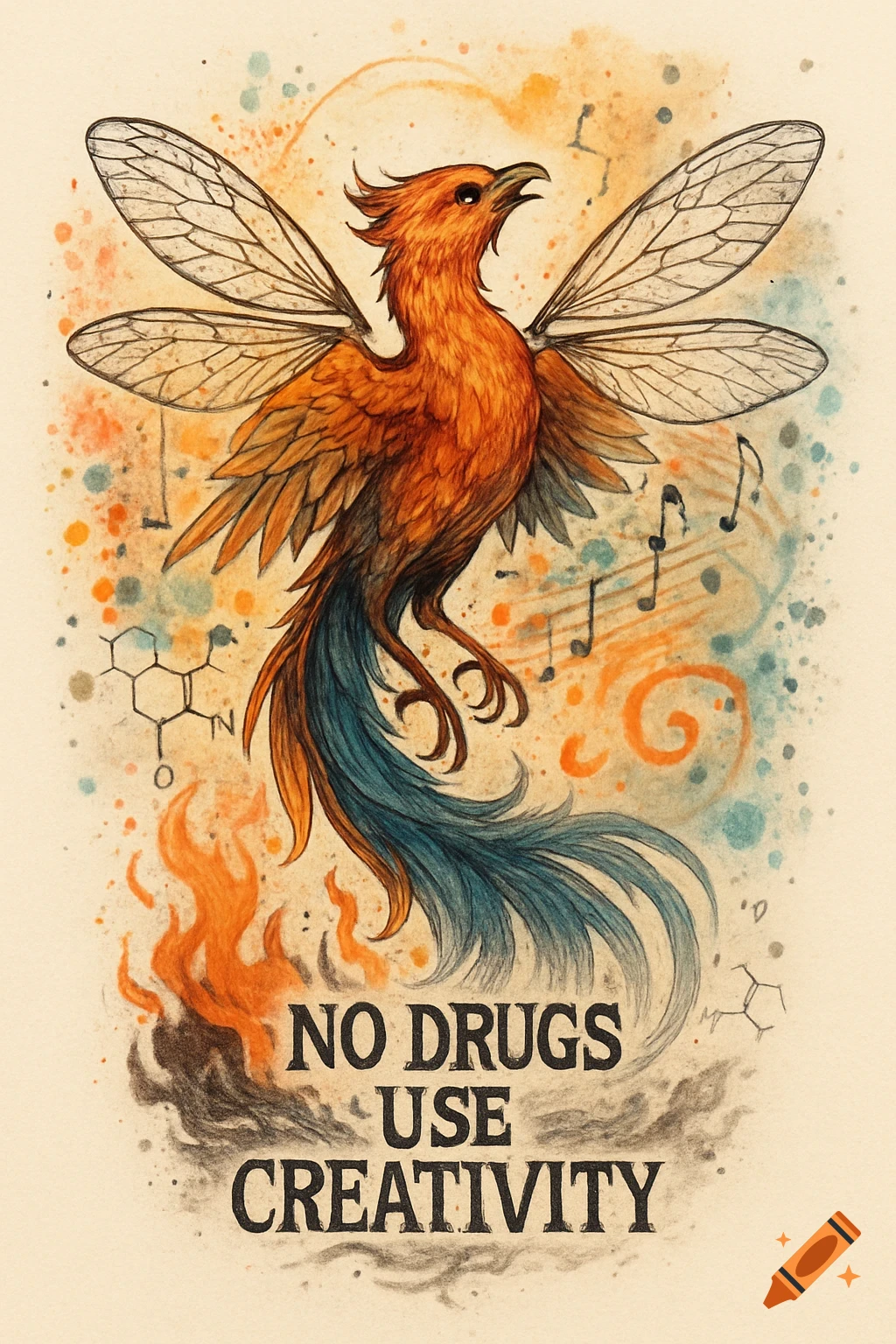 Watercolor illustration of an orange phoenix with insect wings over flames, chemical structures, and musical notes, with the text 'NO DRUGS USE CREATIVITY'.