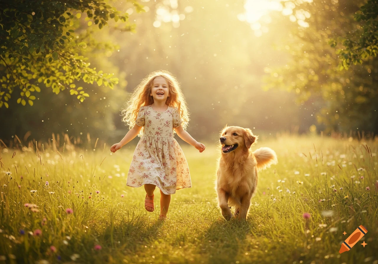 A happy young girl with long, curly hair runs through a sunny, grassy field with a golden retriever beside her, both smiling.